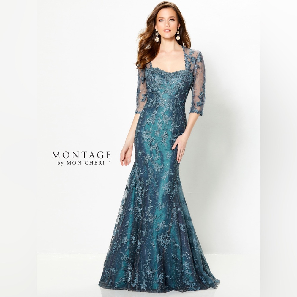 Montage by Mon Cheri Teal Lace Embroidered Maxi Gown with Jacket